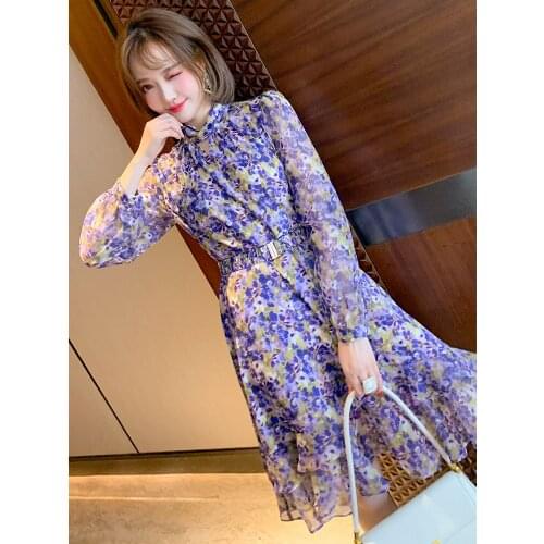 Kink stand neck elastic gathered waist elegant print high waist Ruffle Dress for women 2021 Spring new High Quality Top Quality