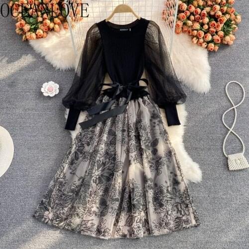 OCEANLOVE Autumn Winter Dresses Knitting Mesh Patchwork Bandage Vestidos Vintage Puff Sleeve Bow Elegant Robe Femme Korean