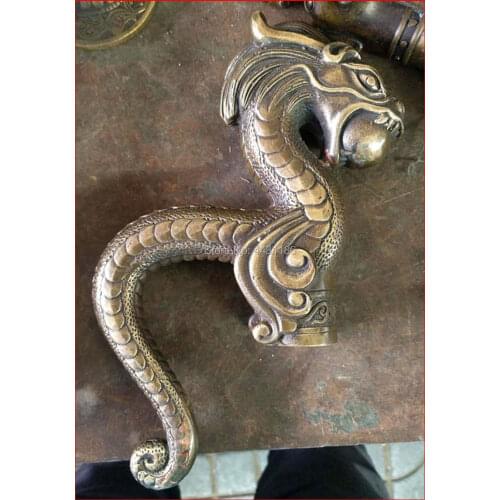 Asian Chinese Old Copper Hand Carved Dragon Statue Walking Stick Head Canes Fitting