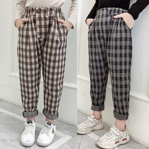 Teenage Girls Pants 2021 Autumn Casual Fashion Loose Retro Plaid Kids Harem Pants Student Children Trousers 6 8 10 12 Year