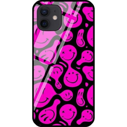Trippy Pink Psychedelic Smiley Face Tempered Glass Phone Case For iPhone XR X XS 6 7 8 Plus SE 2020 12 mini 11 Pro Max Cover