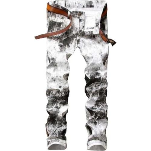 New Men`s Printed Jeans Pants Punk Style Gothic Black Painted DJ club Night Slim Leg Cool White Jeans For Young Men