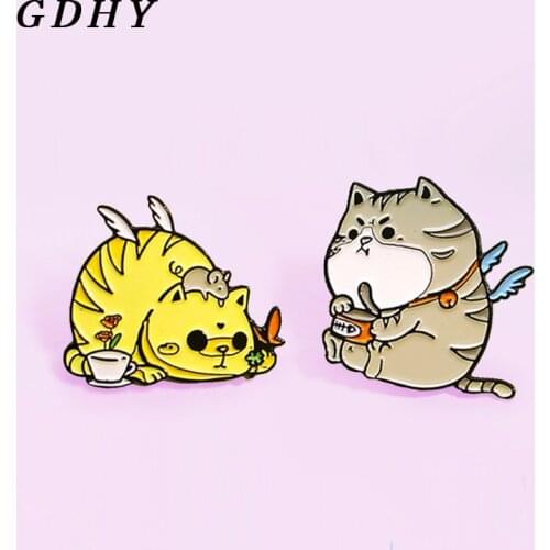 GDHY Cartoon Animal Enamel Pins Fat Kitten Flying cat Eating cat Badge Custom Brooches Bag Clothes Lapel Pin Animal Jewelry Gift