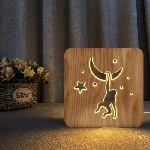Moon star Solid Wood Hollow Carving 3D Led Table Lamp Monkey USB Night Light for Children Birthday Gift Bedroom Decoration
