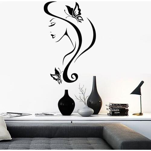 Wall Vinyl Decal Butterflies in Womans Hair Beautiful Face Abstract Modern Bedroom Home Decor Hair Salon Interior Mural S671