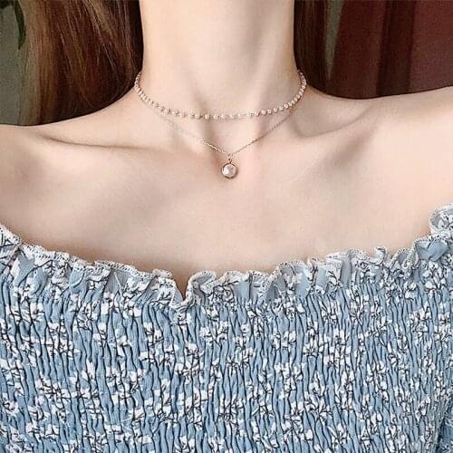 2021 new fashion temperament Korean wave pearl necklace necklace cute double chain pendant lady jewelry girl gift