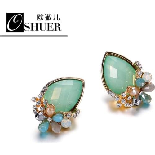 OSHUER Wholesale handmade Free Shipping waterdrop Flower crystal Earrings Full Rhinestones Stud Stylish Earrings