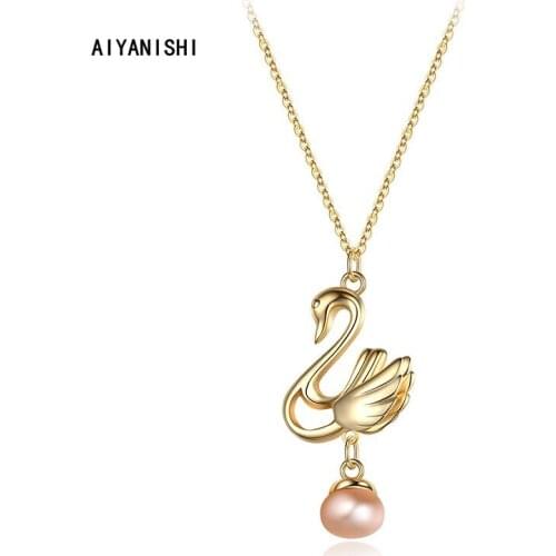 AIYANISHI 18K Gold Filled Natural Freshwater Pearl Necklaces Charm Swan Necklaces Jewelry Freshwater Goose Pearl Necklaces Gifts