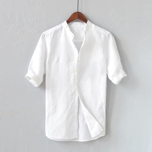 Summer Mens Shirt Solid Color Button Cotton Linen Casual Vintage Mens Blouse Half Sleeve Vintage Daily Man Tops Chemise Homme