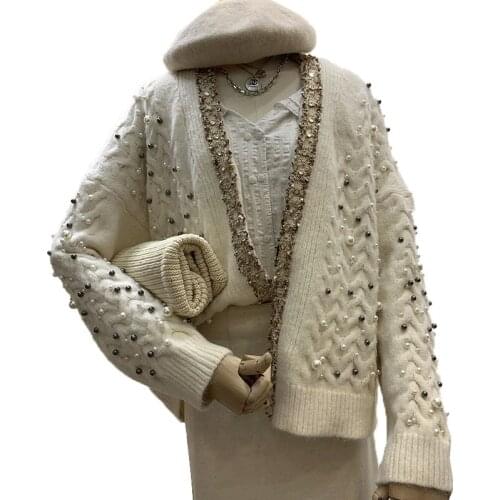 Beading Knitted Elegant Cardigan Vintage Simple Loose Women Girl Sweater 2021 New Auttum Fashion Solid Open Stich Sweater Tops