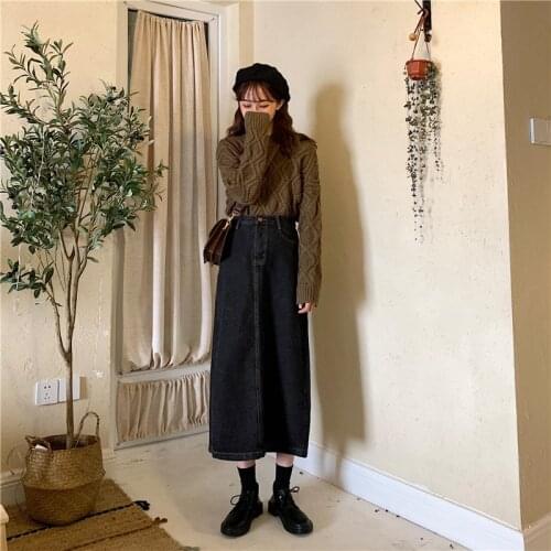 Womens Vintage High Waist Denim Skirt Autumn Winter 2021 New Korean Loose Wild A-line Mid-Calf Skirt Womens Long Skirt ML242