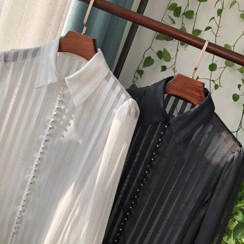 Ladies Contrast Stirpe Long Sleeve Lapel Multi Buttoned Micro-transparent Blouse Shirt Top