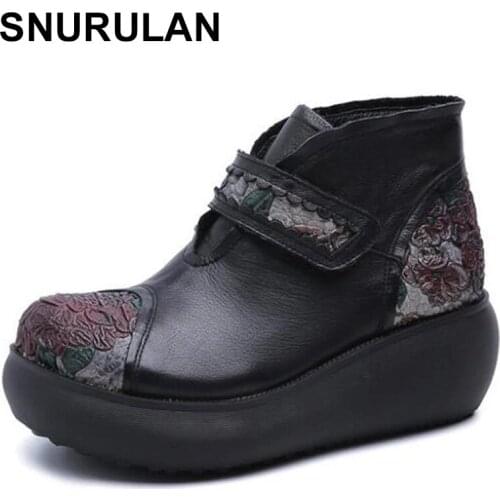 SNURULANNew Fashion 100% Natural Full Genuine Leather Boots Autumn Women Ankle Boots Thick Bottom Wedges High Heels Comfort Wome