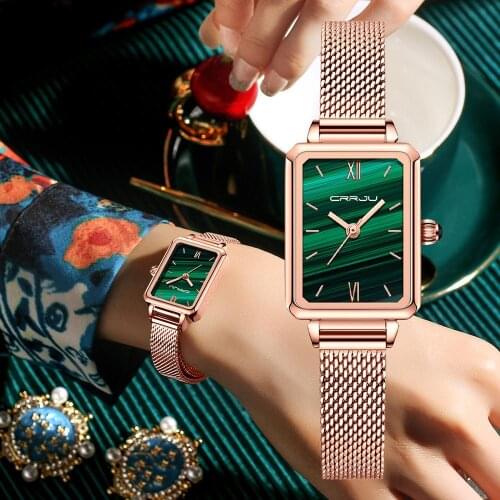 Women Little Green Wristwatch CRRJU Fashion Ladies Dress Slim Mesh Belt Wristwatch Square Waterproof Quartz Watches reloj mujer
