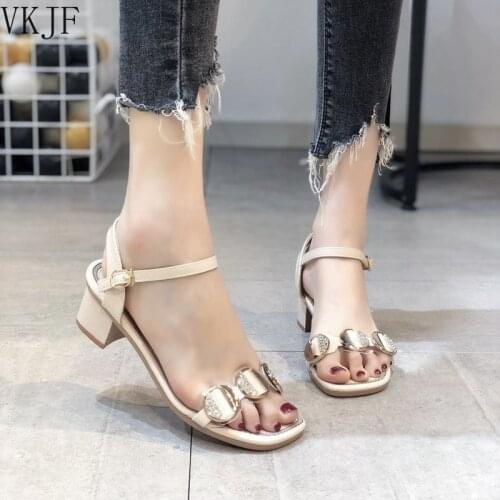 Womens Sandals 2021 Summer New Korean Womens Square Head Rhinestone Womens Shoes Fairy Style Thick Heel Buckle Sandals Women