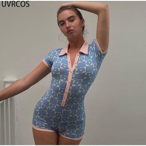 UVRCOS Combishort Femme Summer New Arrival Printed Stand Collar Short Sleeved Single Button Contrast Stitching One Piece Rompers