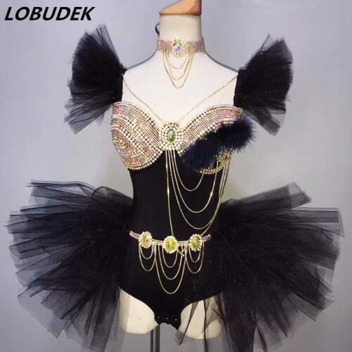 Female Bar Party Celebration Performance Costume Nightclub DJ Singer Stage Dance Dress Gold Crystals Bodysuit Skirt Set DS Show