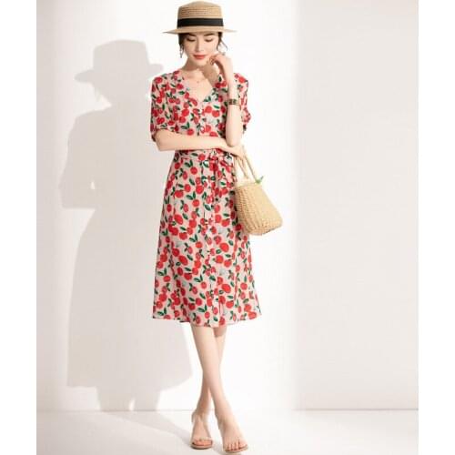 Flesh silk printed red apple floral dress women v neck summer long work boho beach office sexy party luxury dresses plus size