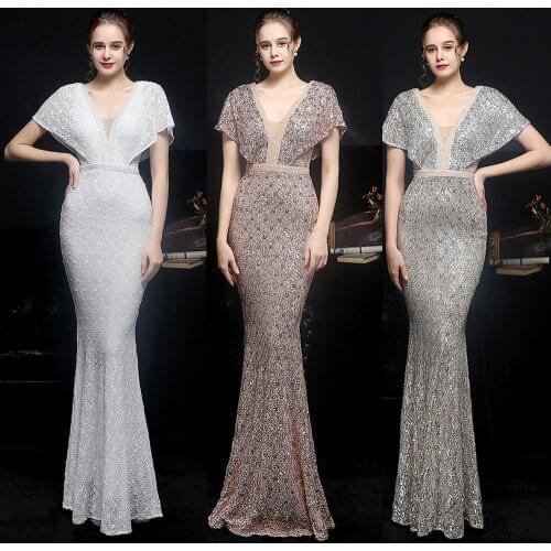 Cape Sleeve V Neck Evening Dress Women Elegant Party Full Dress Short Sleeve Sequins Mermaid Robe De Soriee Vestidoes