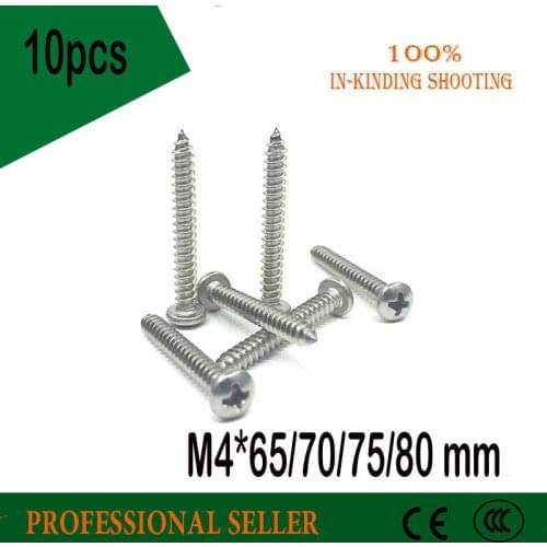 10pcs M4*65/70/75/80 mm GB845 304 Stainless Steel Metric Thread Cross Recessed Pan Head Self Tapping Screw Fastener