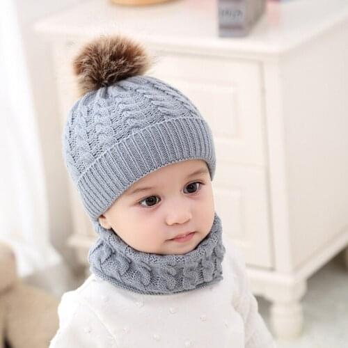 2Pcs/Set Baby Boys Girls Hat Scarf Winter Fur Ball Knitted Warm Newborn Beanie Protect Ear Cap Kids O Ring Scarves Caps Bonnet