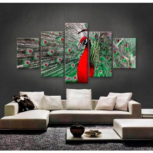 Unframed 5 Panels Red Peacock Canvas Print Painting Modern Canvas Wall Art for Wall Pcture Home Decor Artwork