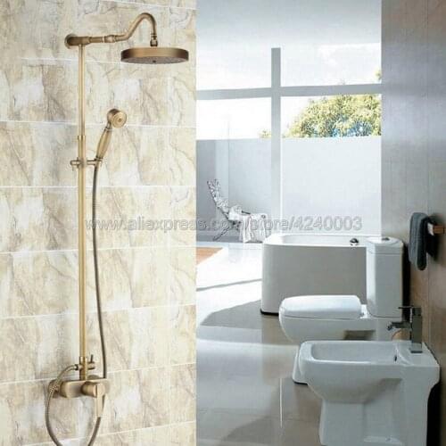 Antique Brass Wall Mount Rain Shower Faucet Set Handheld Shower Mixer Tap Single Handles Faucets Krs207
