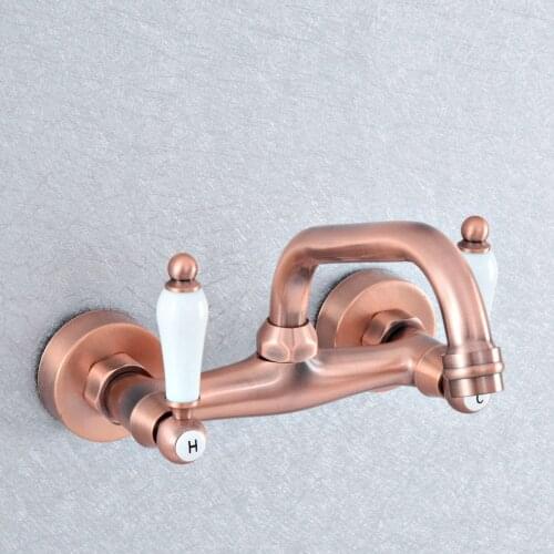 Antique Red Copper Double Handle Kitchen Faucet Wall Mounted 360 Degree Rotate Bathroom Kitchen Mixers Hot and Cold Tap zsf879