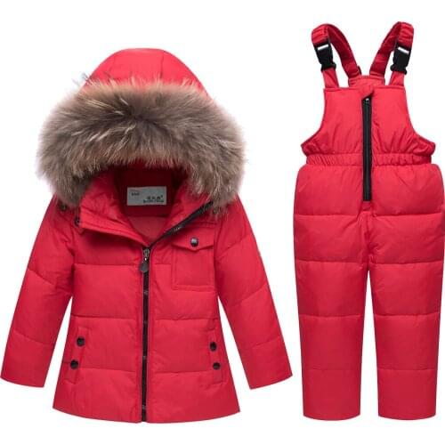 Childrens Down Jacket Suit New Winter Baby Suspender Trousers Male Child Girl White Duck Down Plus Velvet Thickening Ski Suit