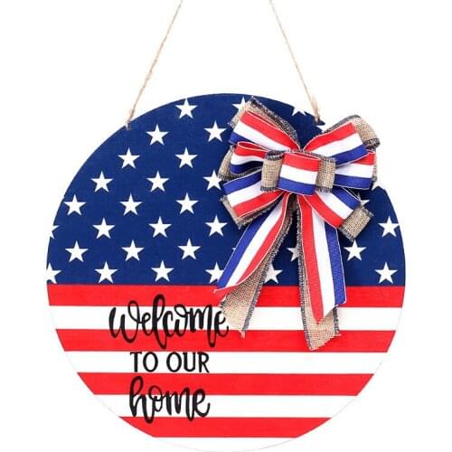 Welcome Wooden Sign Round Door Sign Patriotic Independence Day Hanging Sign Front Door Home Decor WWO66
