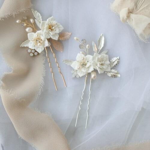 Ins Ceramic Flower Hair Piece Bridal Pins Clips Pearls Wedding Jewelry Handmade Women Hair Ornament
