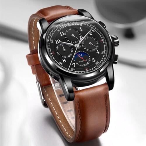 Carnival Automatic Watches Men Moon phase Multi-function relogio masculino Top Brand Luxury Mechanical men watch genuine leather