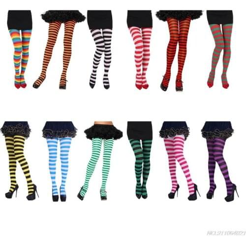Women Girls Rainbow Multicolor Striped Tights Opaque Stockings Full Length Slim Pantyhose for Christmas Halloween Cosplay au20