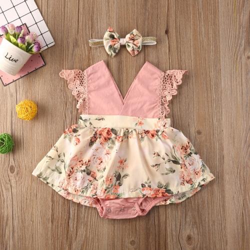 Girl New Princess Clothes Baby Romper Floral Lace V Neck Sleeveless Pink Jumpsuit Newborn Headband Kid Outfits Summer Clothing