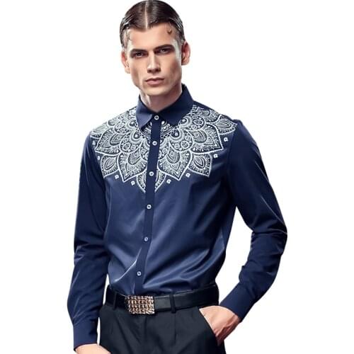 Fanzhuan Free Shipping New fashion casual male mens slim long sleeved Mens Baroque printed Elastic shirt 4XL 5XL blue 612122