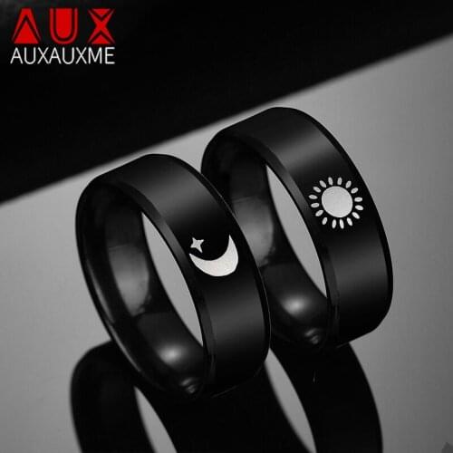 Auxauxme Fashion 8mm Sun Moon Stars Lover Couple Rings Stainless Steel Black Color for Men Women Party Hipop Anniversary Jewelry