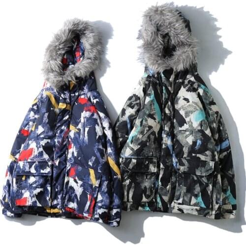 Cotton clothing mens trend hip-hop big fur collar hooded cotton winter student tooling camouflage thick coat