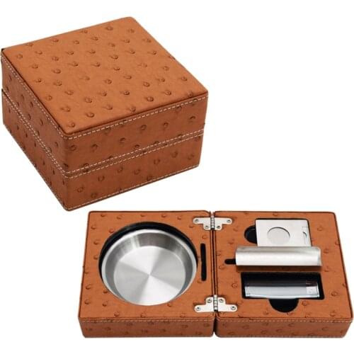 OSTRICH LEATHER Pattern SMOKE TRAVEL SET Table Cigar ASHTRAY CUTTER LIGHTER cigar accessories Gift Sets Smoke Tools Box Humidor