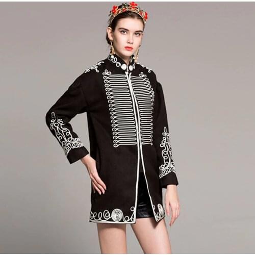 Black Warrior Coats Vintage Women Winter Spring Fashion Full Sleeve Wool Line Embroidery Button Warm New Long Blends