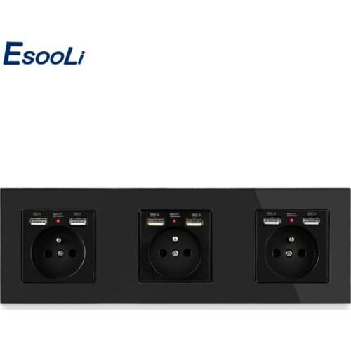 Esooli Crystal Glass Panel French Standard Wall Socket With 6 USB Charge Port For Mobile Hidden Soft LED Indicator 258*86mm
