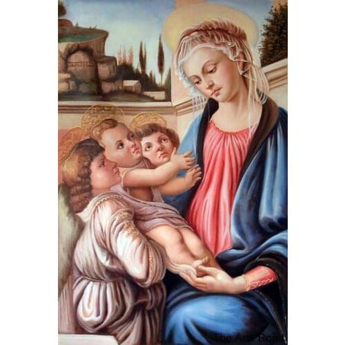 Hand Painted Angel Oil Painting Madonna with Two Angels by Sandro Botticelli Wall Decoration Art Portrait Painting