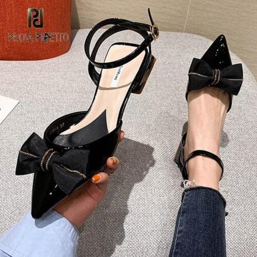 Black Patent Leather Pointed Toe Bow Thick Heel Sandals Summer Buckle Belt Casual All-match Ladies Mid-heel Sandals