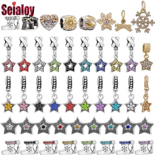 Seialoy 2pcs Golden Star Snowflake Christmas Boots Bead Star Dangle Charm Fit Diy Xmas Bracelets Gifts Jewelry Making Accessory