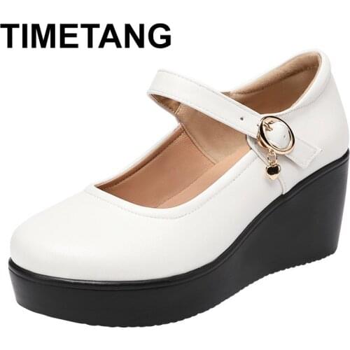 TIMETANG2020 spring leather shoes women platform wedge shoe high heels round toe soft sole white women pumps big size 33-43