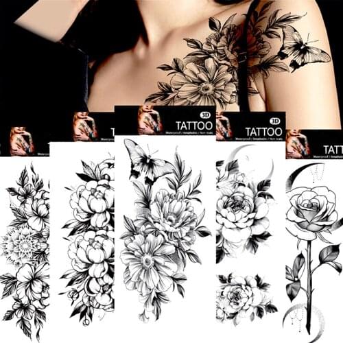 Sexy Flower Temporary Tattoos For Women Body Art Painting Arm Legs Tattoos Sticker Realistic Fake Black Rose Waterproof Tattoos