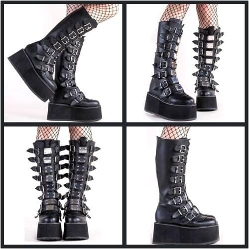 GIGIFOX Brand Halloween Gift Plus Size 50 Black Gothic Style Cool Punk Platform Motorcycle Boots Comfy Heels Shoes For Woman