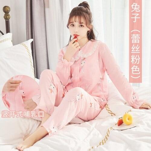 Woman Maternity Clothings Nursing Pajamas Long Sleeve Shirt Top +Long Pants Hidden Opening Lace Pregnant Women Pjs Sleepwear