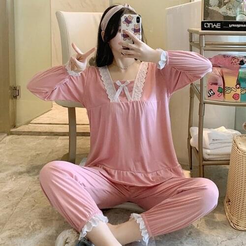 Girl Nightwear Women Autumn Long Sleeve Pijama Student Loose Korean Pyjamas Set Girls Sweet Lace Leisure Female Sleepwear Set