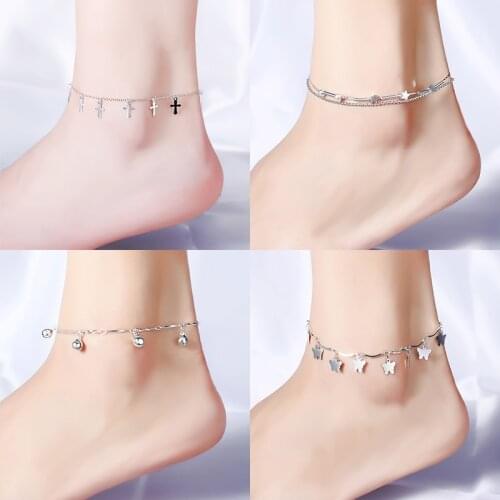 Womens Fashion Simple Thin Anklets Stars Cross Butterfly Bells Beads Pendants Geometric Anklets Charm Female Ankle Accessories