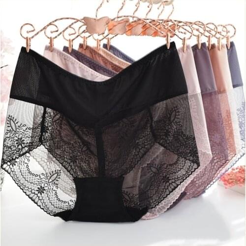 Womens Mesh Panties Large Sizes Sexy Ultra-thin Lace Transparent Panties Big Briefs Plus Size Female Underwear with High Waist